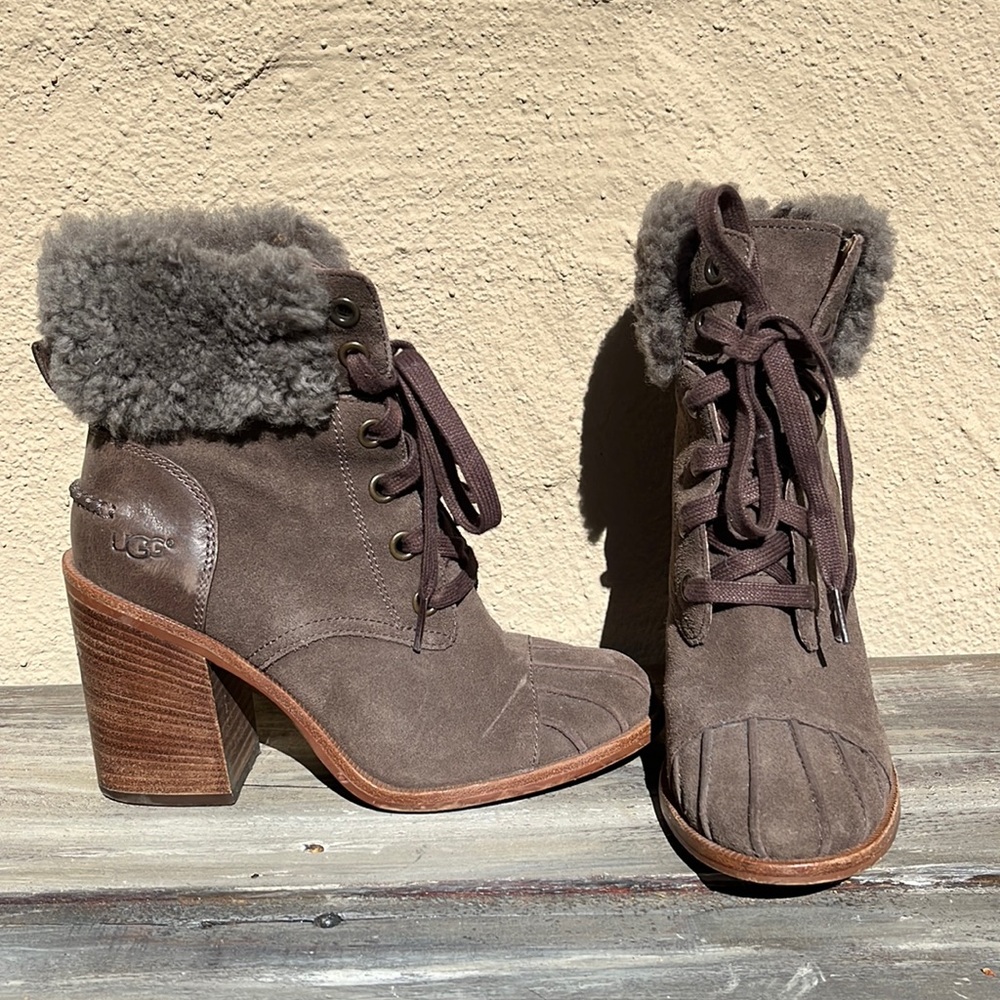 UGG leather and Sherpa lined lace up combat heel boots fur trim stack heel